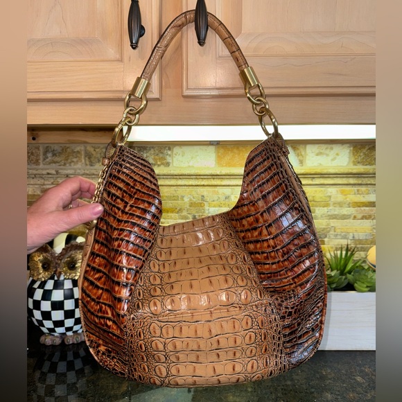 Brahmin Leather Croc Embossed Brown Shoulder Purse Bag - Picture 2 of 7